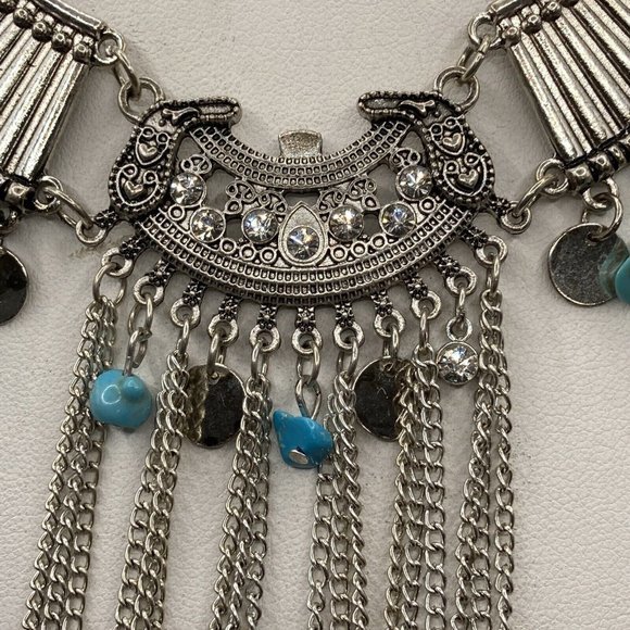 BOHO STYLE COLLAR BIB TURQUOISE CHIPS SILVER TONE 20" Tassel Drop Necklace - Picture 5 of 8